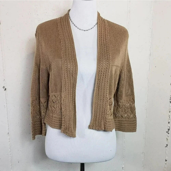NY Collection L Tan cropped knit open Cardigan‎ - Picture 1 of 4